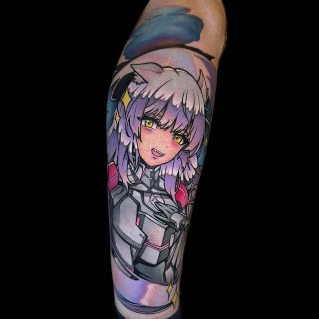 Anime character with purple hair and mechanical armor suit tattooed on forearm, featuring yellow accents and blue-purple gradient background.
