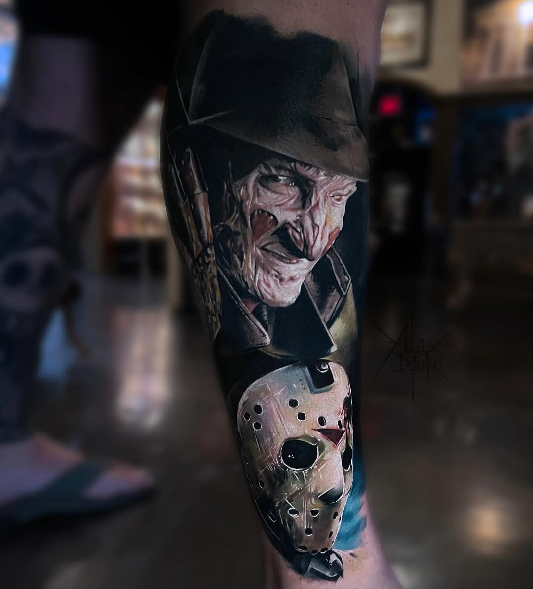 Horror character portrait with fedora hat and hockey mask on forearm, rendered in black and grey with smooth realistic shading.