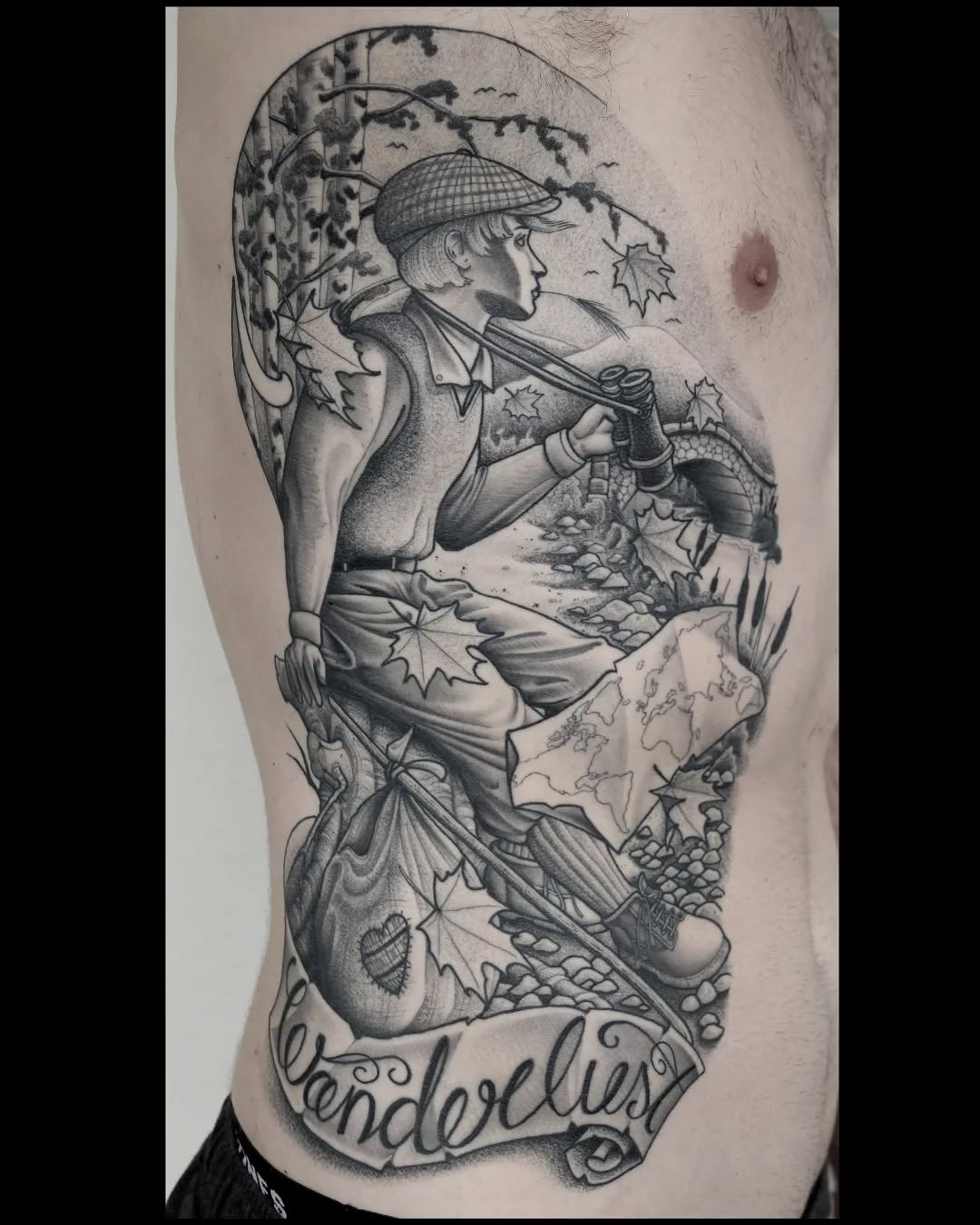 Black and grey portrait of a man in a cap holding an axe with autumn leaves and nature elements on the torso, with 'tenderlust' script below.