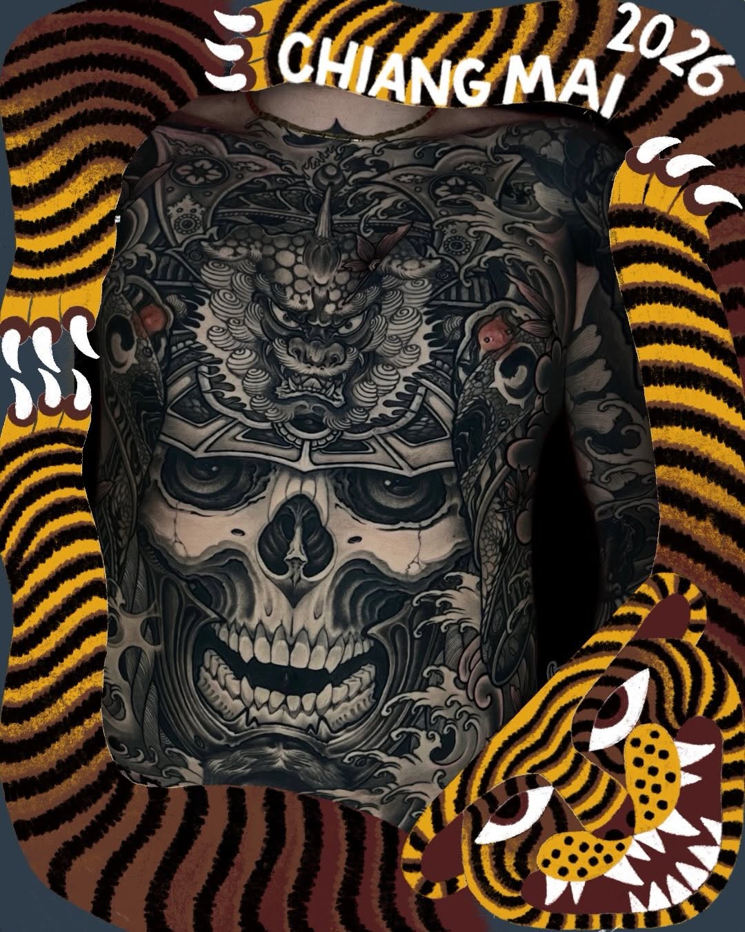 Intricate black and grey skull with ornate decorative patterns and a fierce tiger face above it, covering the chest.