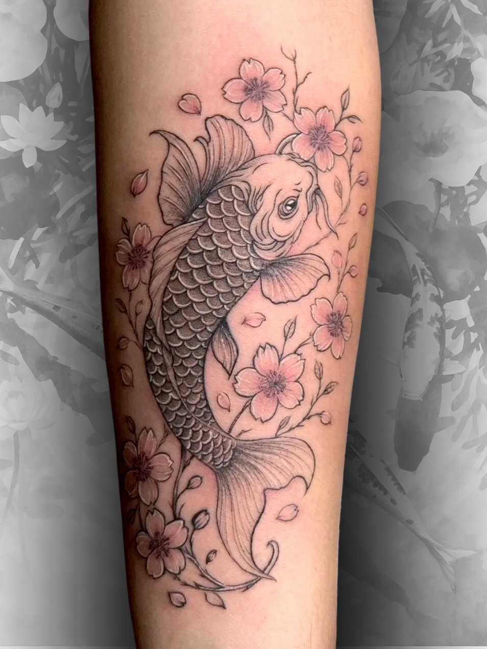 Koi fish with detailed scales surrounded by delicate cherry blossoms and flowing branches on forearm, rendered in black and grey with soft shading.
