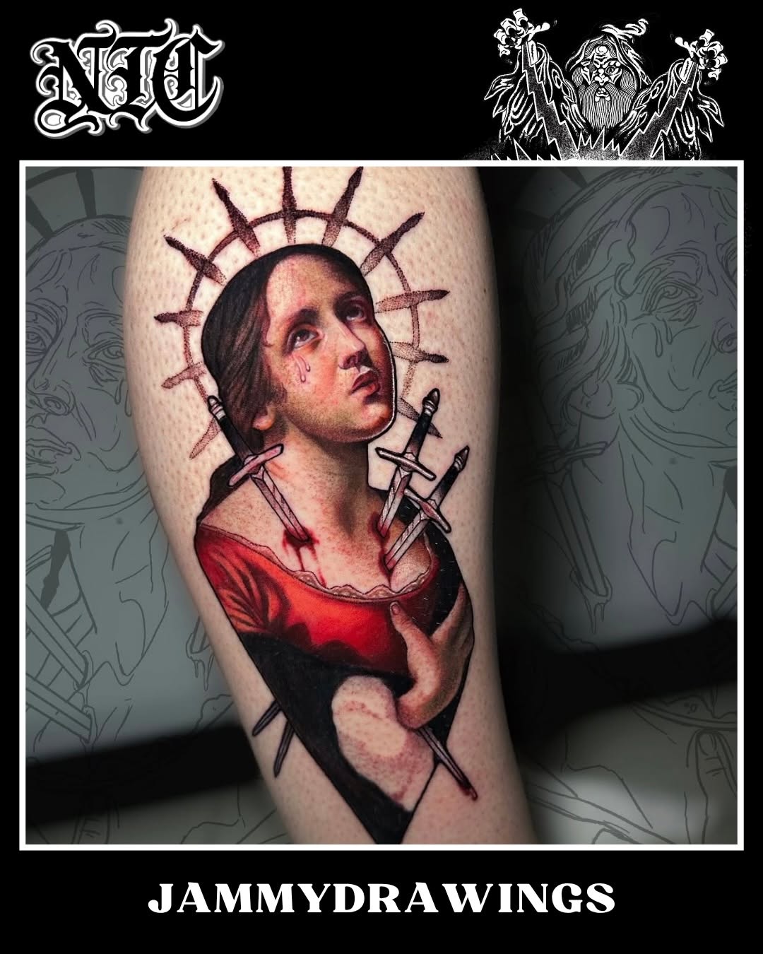 Religious portrait tattoo on leg showing woman's face with halo and swords piercing chest, rendered in black and grey with smooth shading.