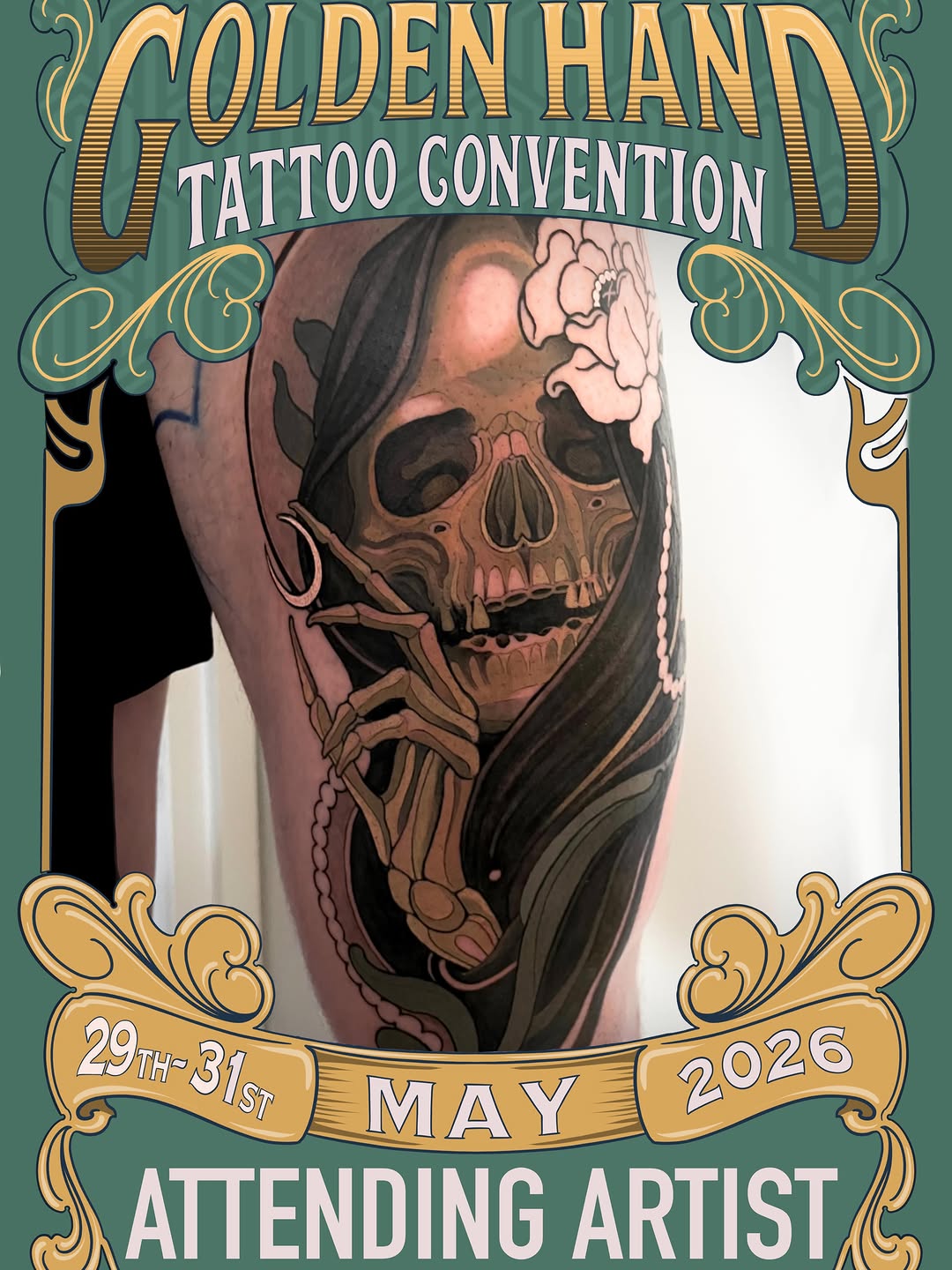 Skull with skeletal jaw and flowing hair tattoo on thigh, rendered in black and grey with smooth shading and realistic detail.