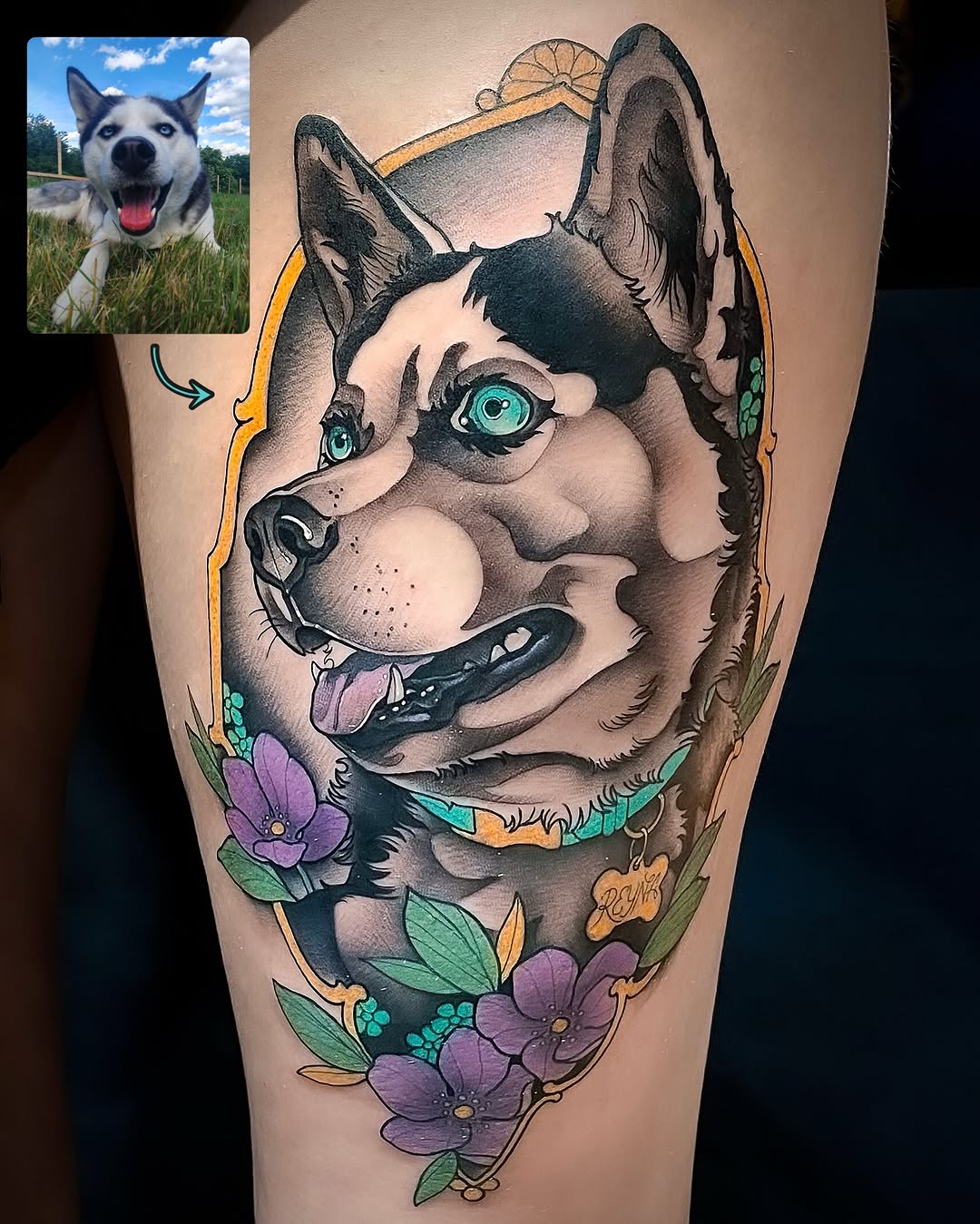 Stylized husky dog head with striking turquoise eyes, surrounded by purple flowers and decorative elements on thigh, rendered in black and grey with smooth shading.