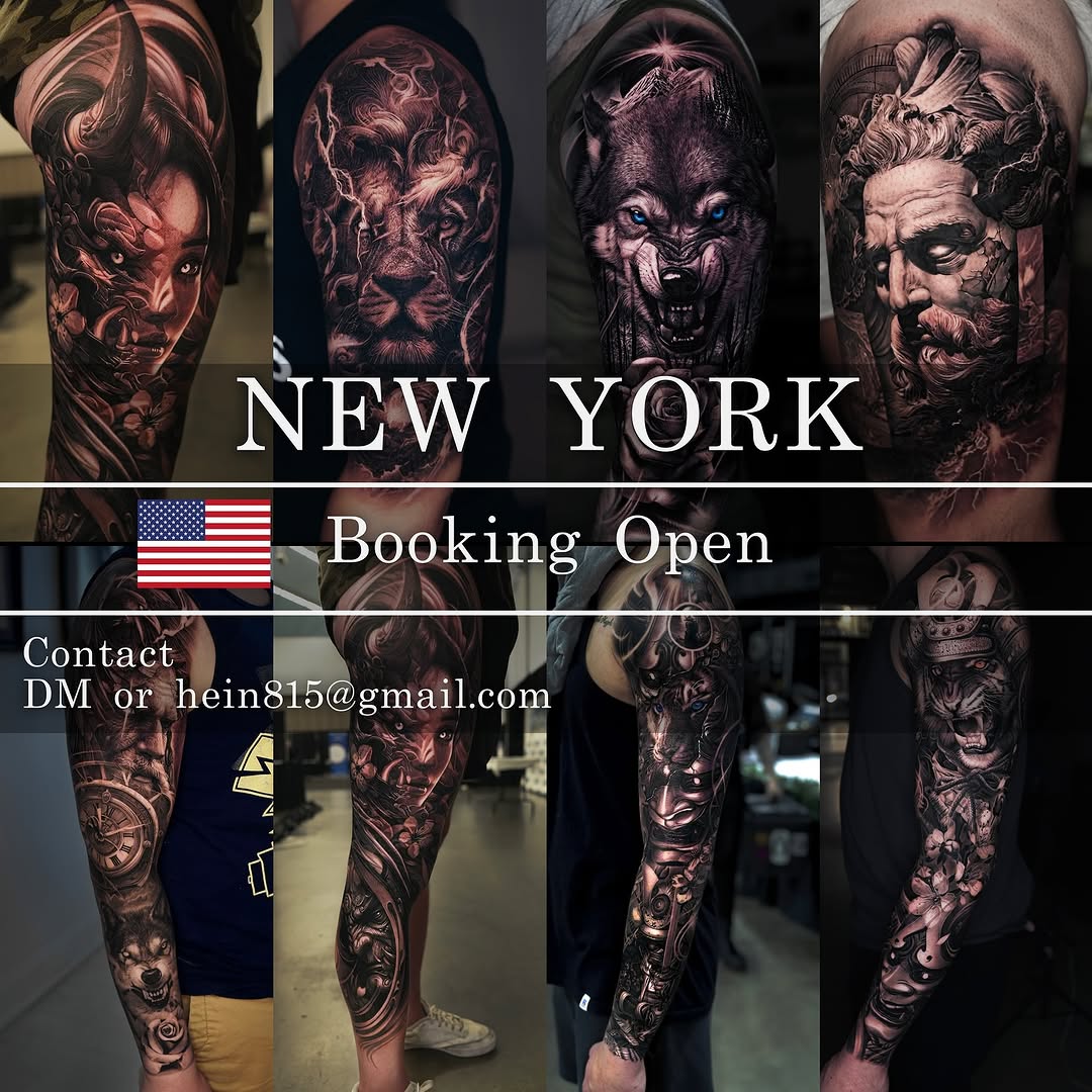 Multiple black and grey sleeve tattoos featuring realistic portraits of mythological and demonic faces with intricate shading on arms and legs.
