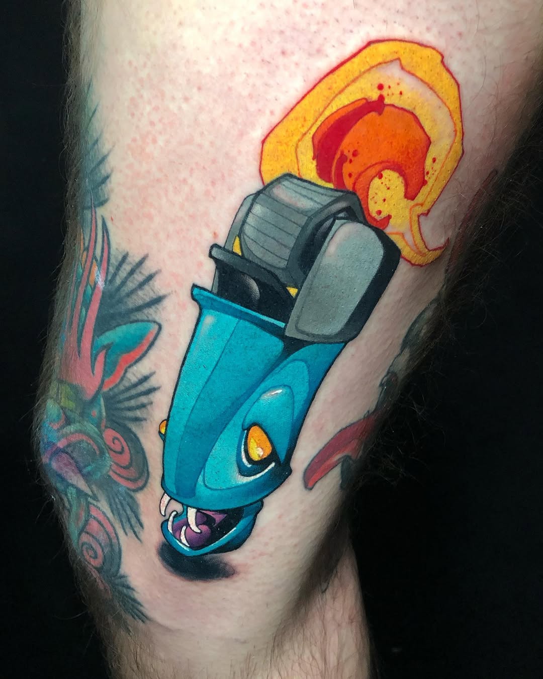 Blue cartoonish robot or character with glowing yellow eye shooting flames from head cannon, leg placement.