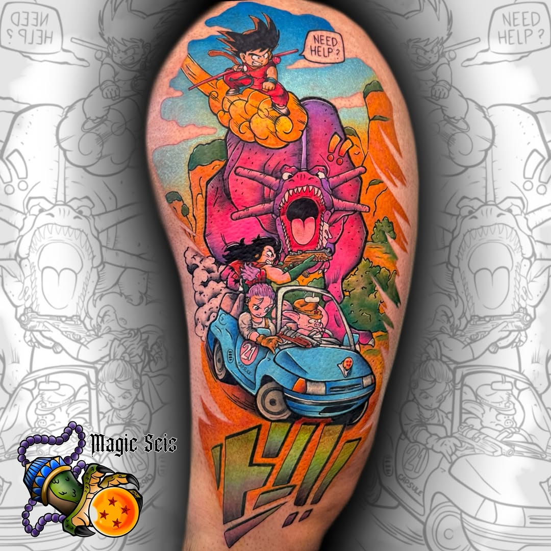 Dragon Ball Z-inspired tattoo featuring Goku on Flying Nimbus, a large pink monster, and characters in a blue car on the leg.