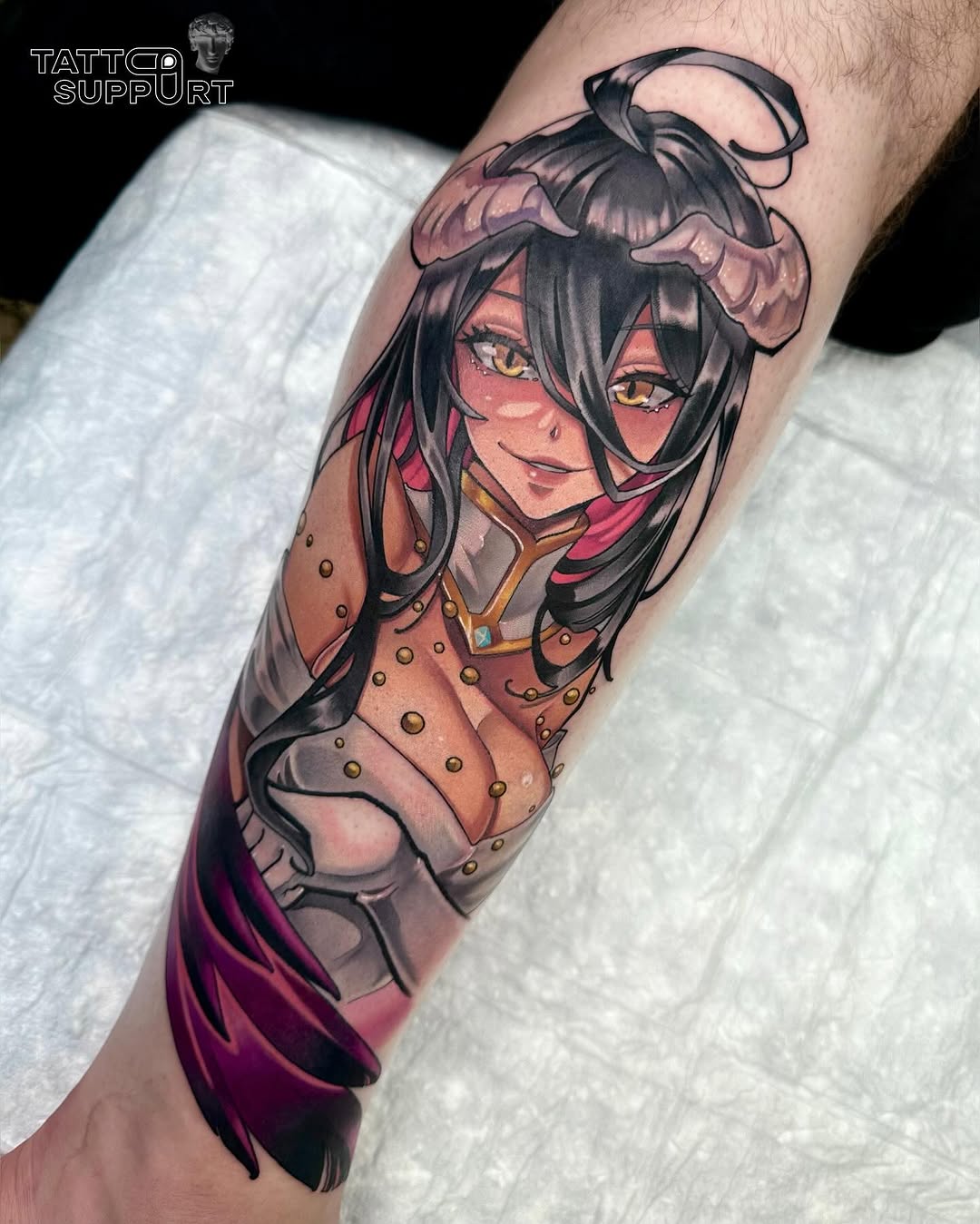 Anime female character with black hair, pink bow, yellow eyes, and ornate armor on forearm.