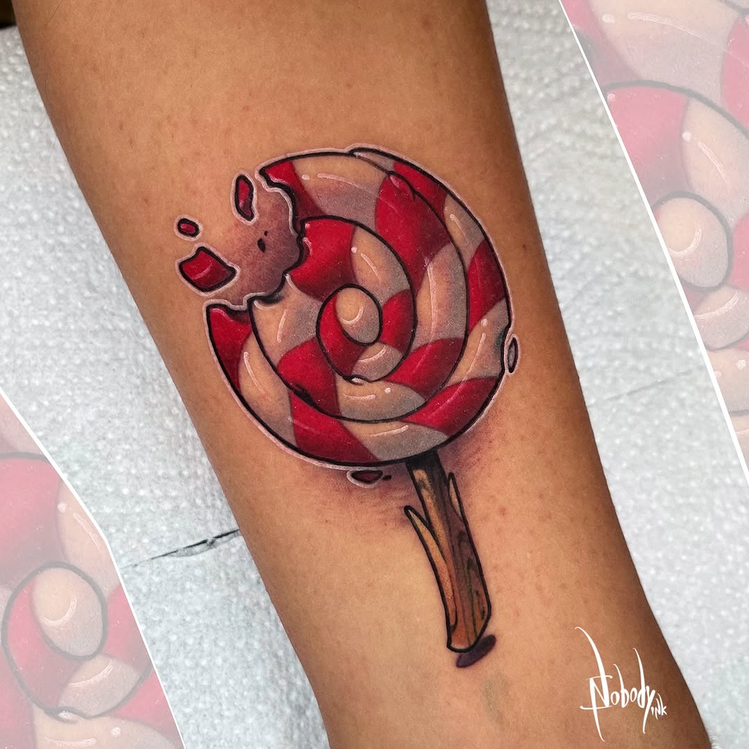 Red and white lollipop with spiral pattern and stick on forearm, featuring glossy 3D rendering and dimensional shading.