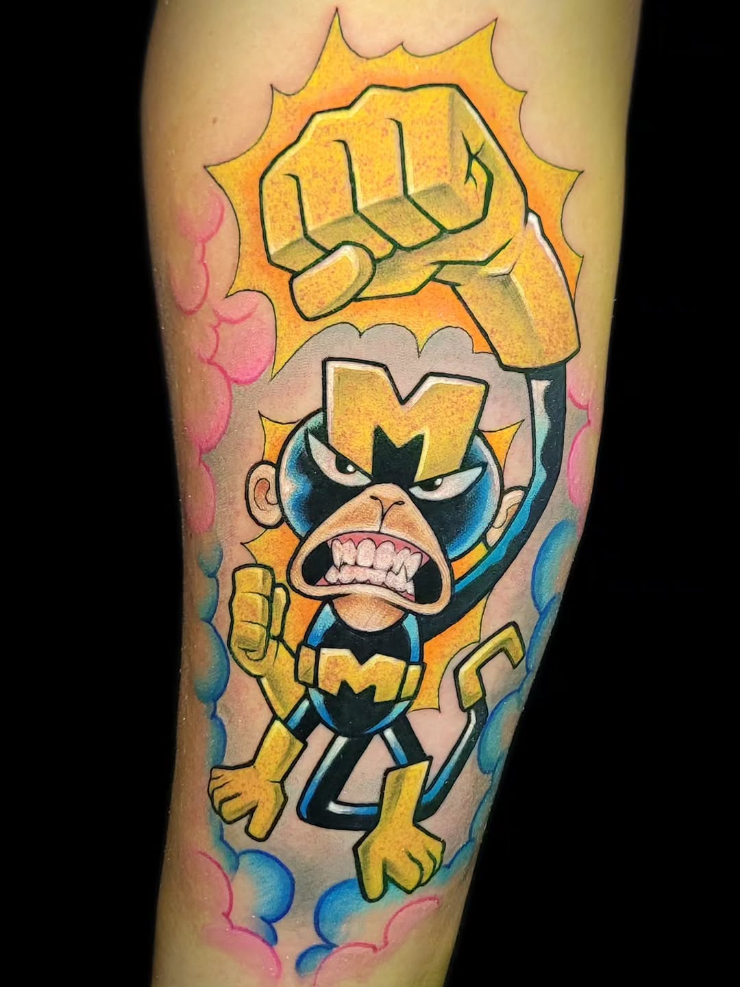 Angry cartoon character with yellow skin and black mask throwing a punch with energy burst effect on leg.