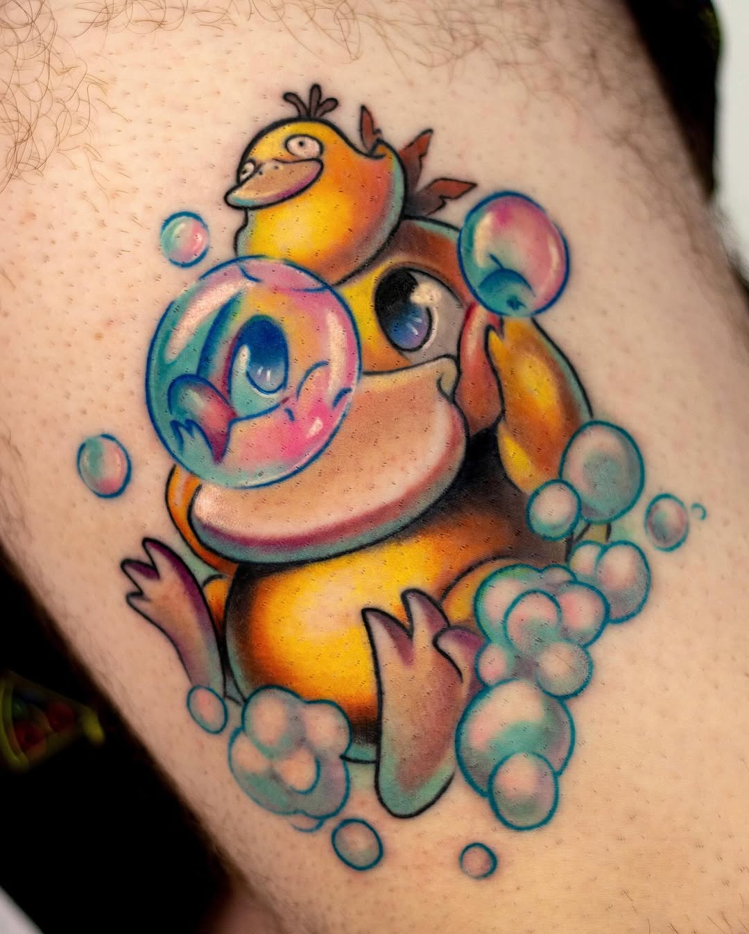 Colorful cartoon duck character with rainbow bubble blowing, vibrant yellow-orange body with gradient shading on thigh.